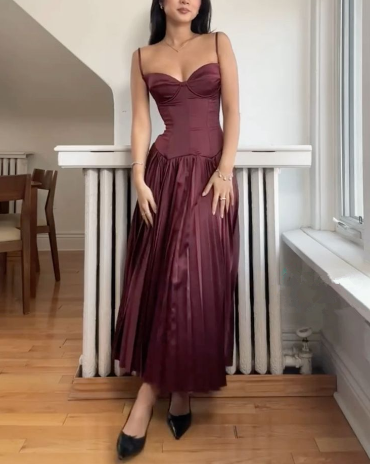 Burgundy Spaghetti Straps A-Line Long Party Dress Birthday Outfits fg7248