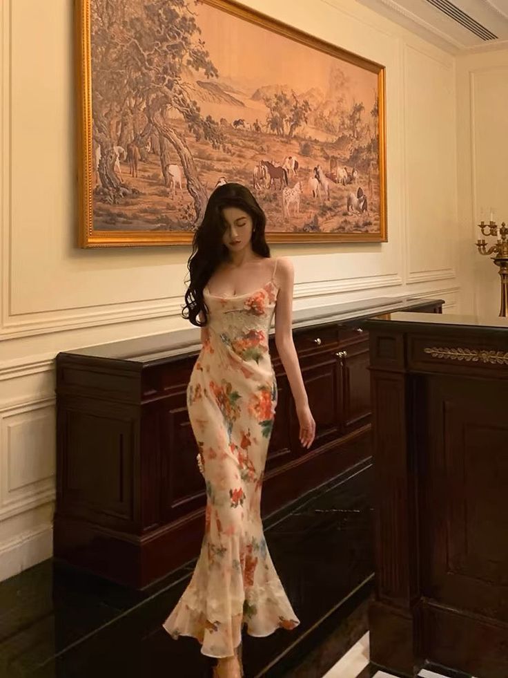 Sexy Sheath Spaghetti Straps Floral Ankle Length Prom Dresses Birthday Dress fg7029