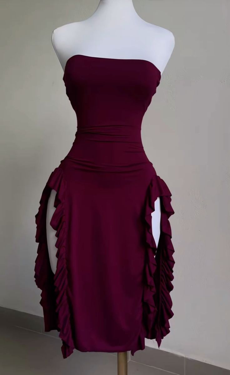 Strapless Sheath Midi Length Ruffle Prom Dress Sexy Evening Dress fg7107