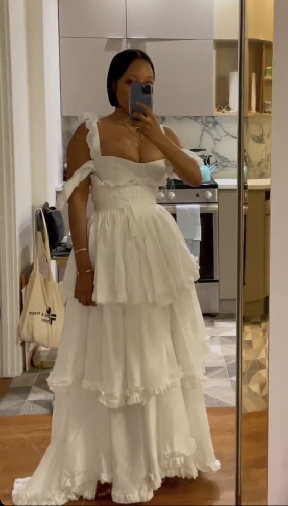 Sexy A line Straps Ruffles Floor Length Chiffon White Prom Dress fg7016
