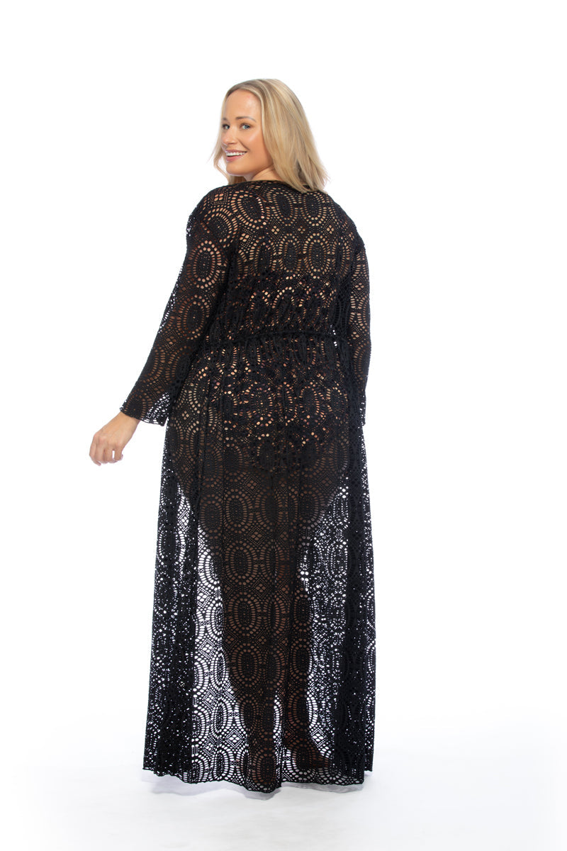 CROCHET FABRIC SOLID BLACK LONG SLEEVE KIMONO COVERUP