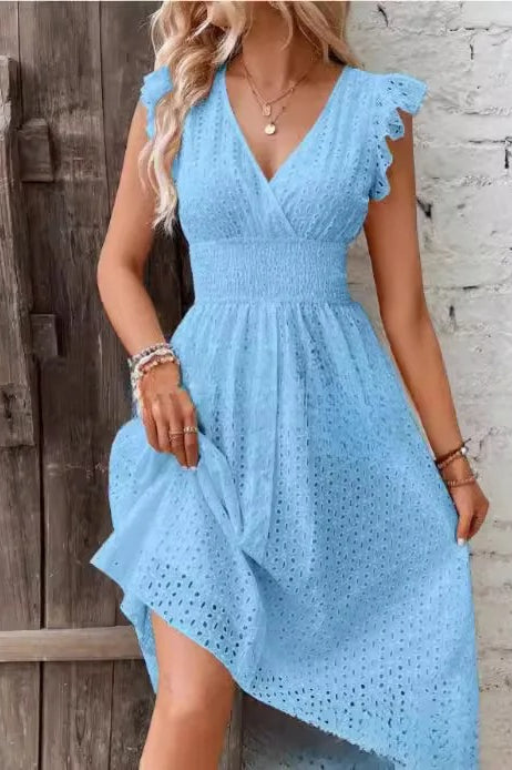 V-Neck Lace Waist Mini Dress