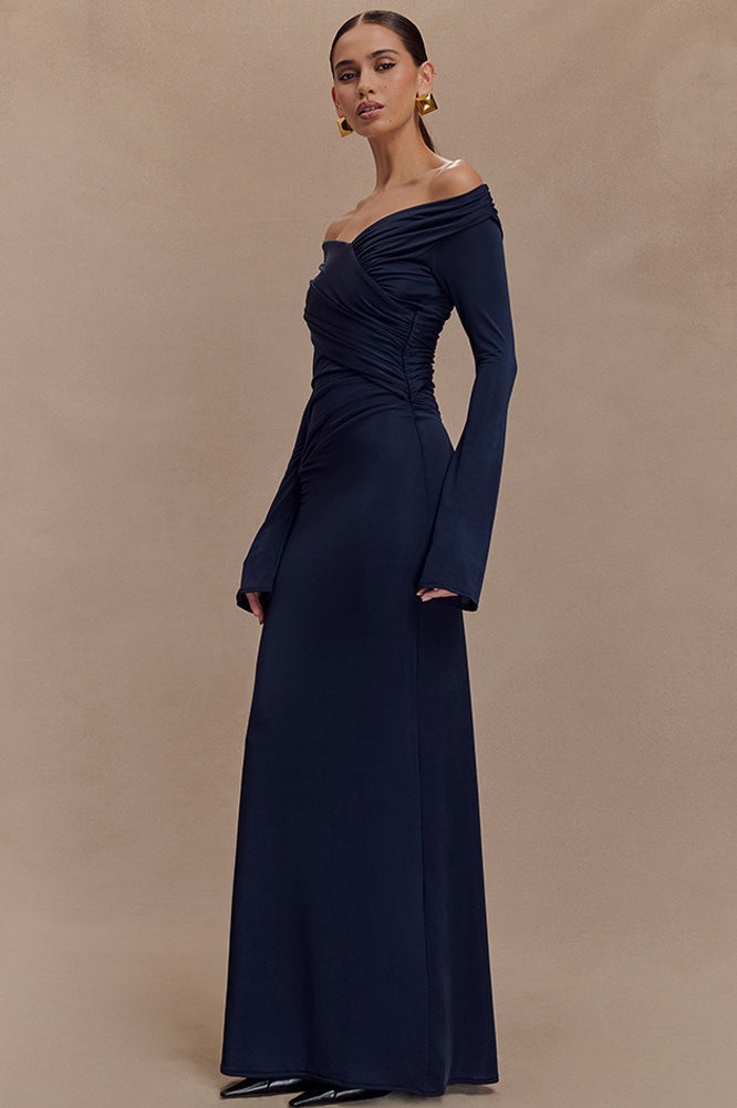 V-Neck Slim Fit Ruched Maxi Dress