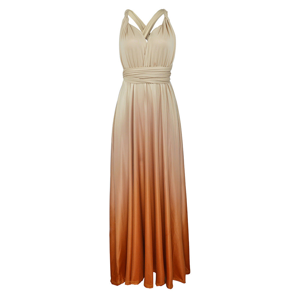 Wear More Wear Criss Cross Backless Sexy Lace-up Gradient Color Maxi Dress