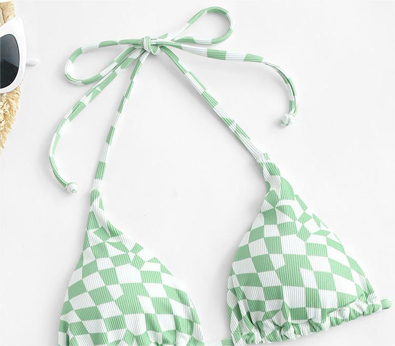 Halter Bikini Swimsuit Sexy Lace Up Plaid Solid Color Bikini Swimsuit