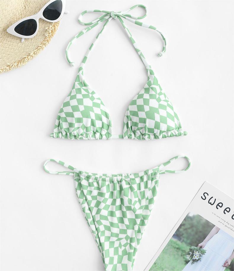 Halter Bikini Swimsuit Sexy Lace Up Plaid Solid Color Bikini Swimsuit