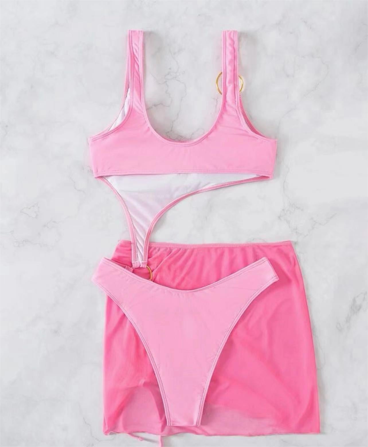 Solid Color One Piece Two Piece Suit Bikini Sexy Cutout Mesh Drawstring Swimsuit