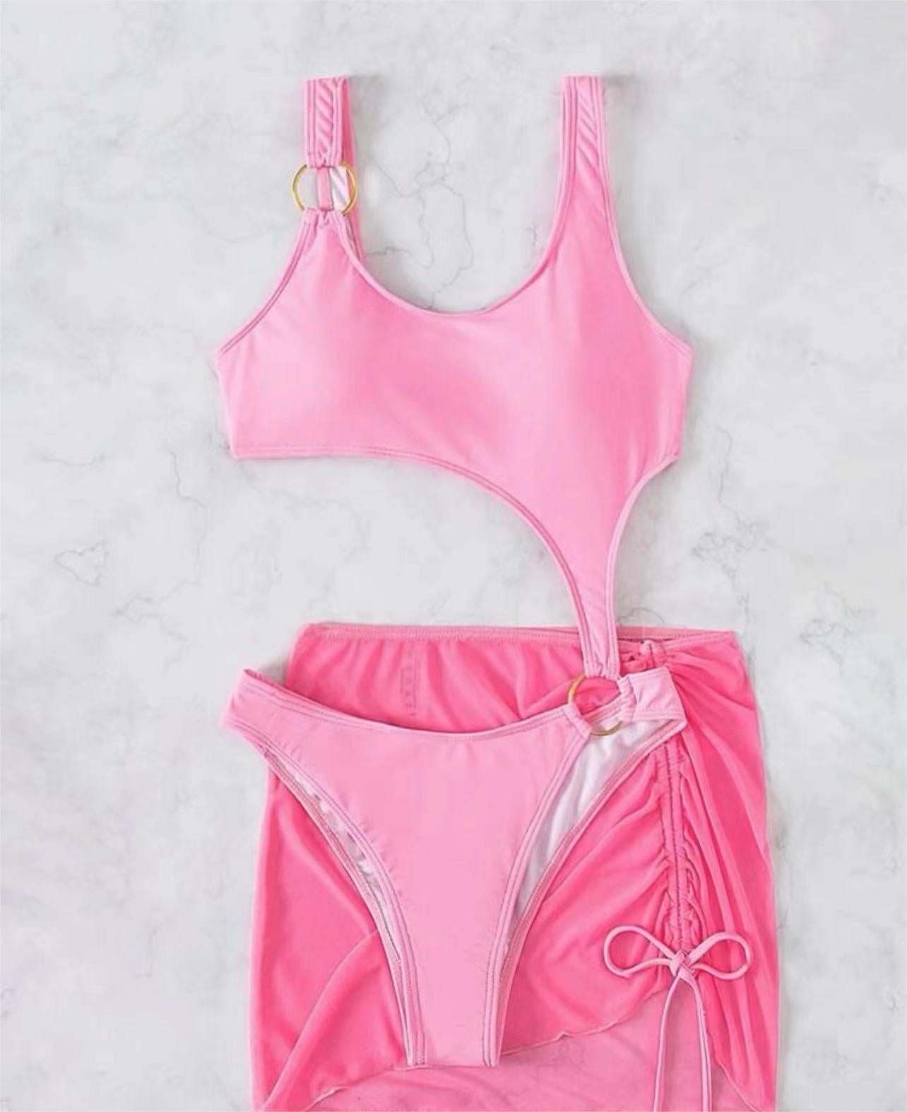 Solid Color One Piece Two Piece Suit Bikini Sexy Cutout Mesh Drawstring Swimsuit