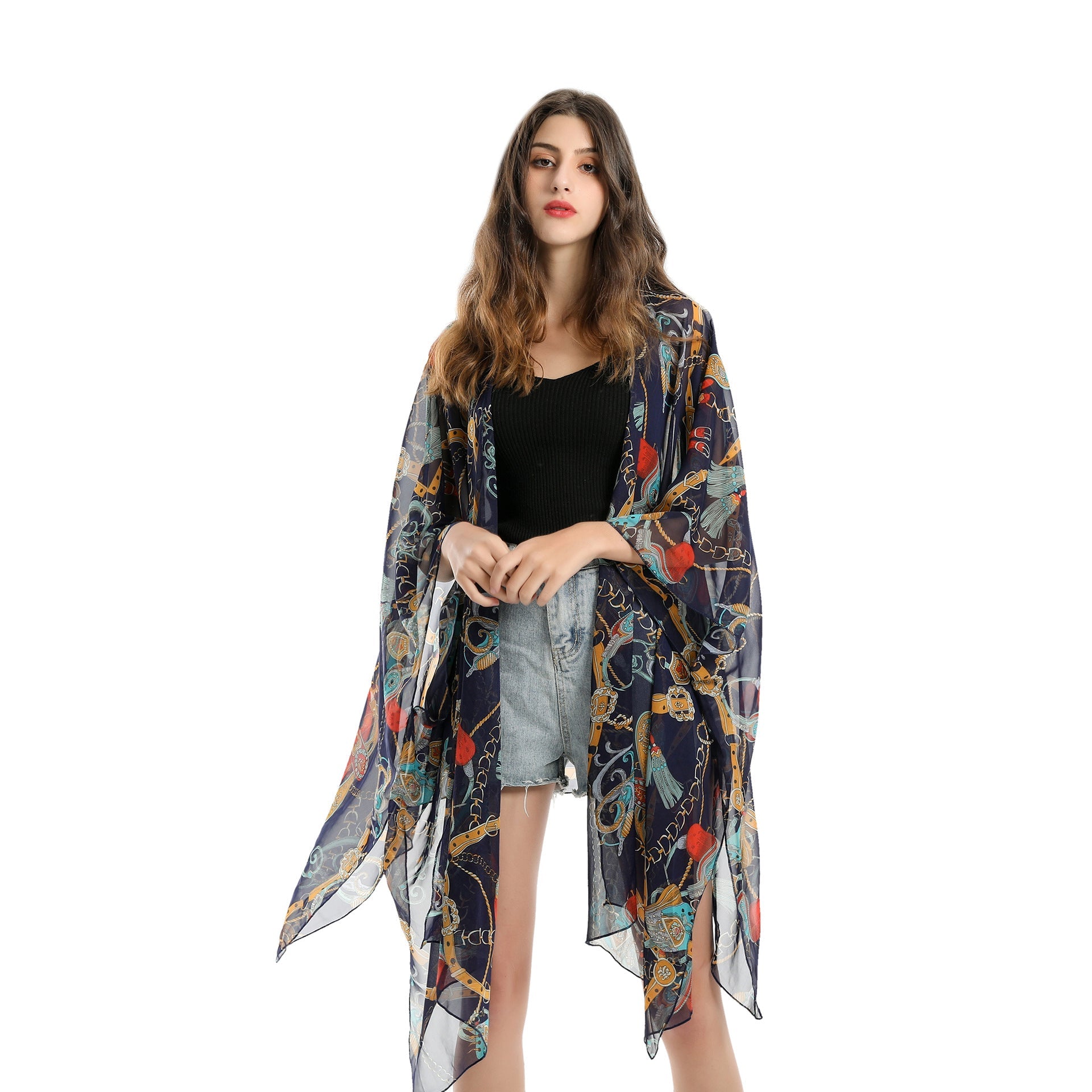 Summer Trendy Geometric Abstract Printed Chiffon Swimsuit Blouse Sunscreen Light Bikini Cardigan