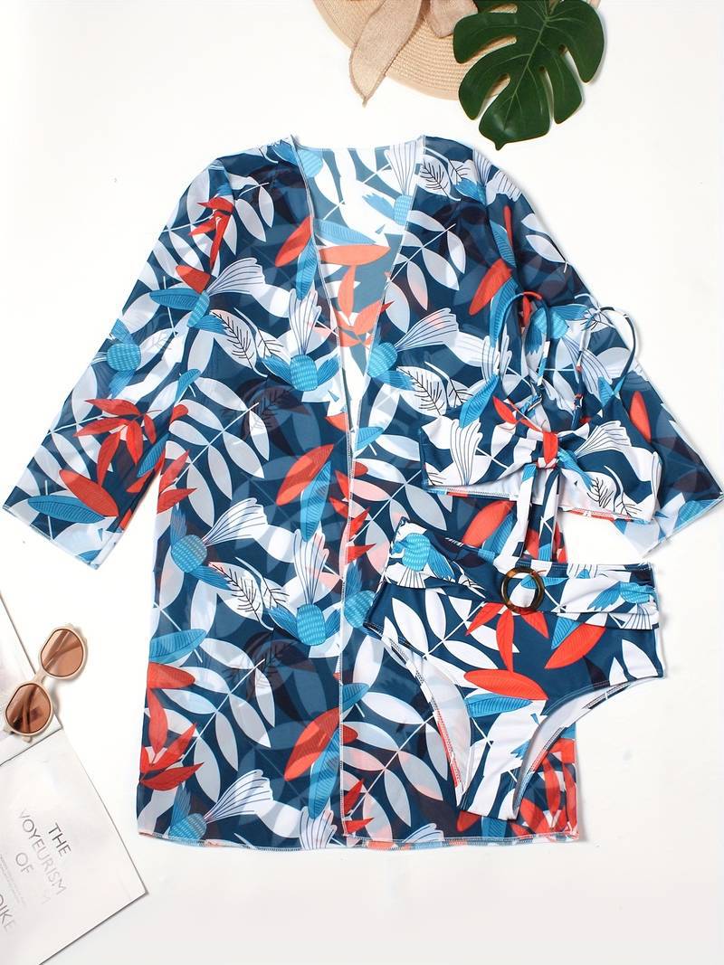 Sexy Mesh Three Piece Printed High Waist Bikini Conservative Swimwear Women Split Swimsuit