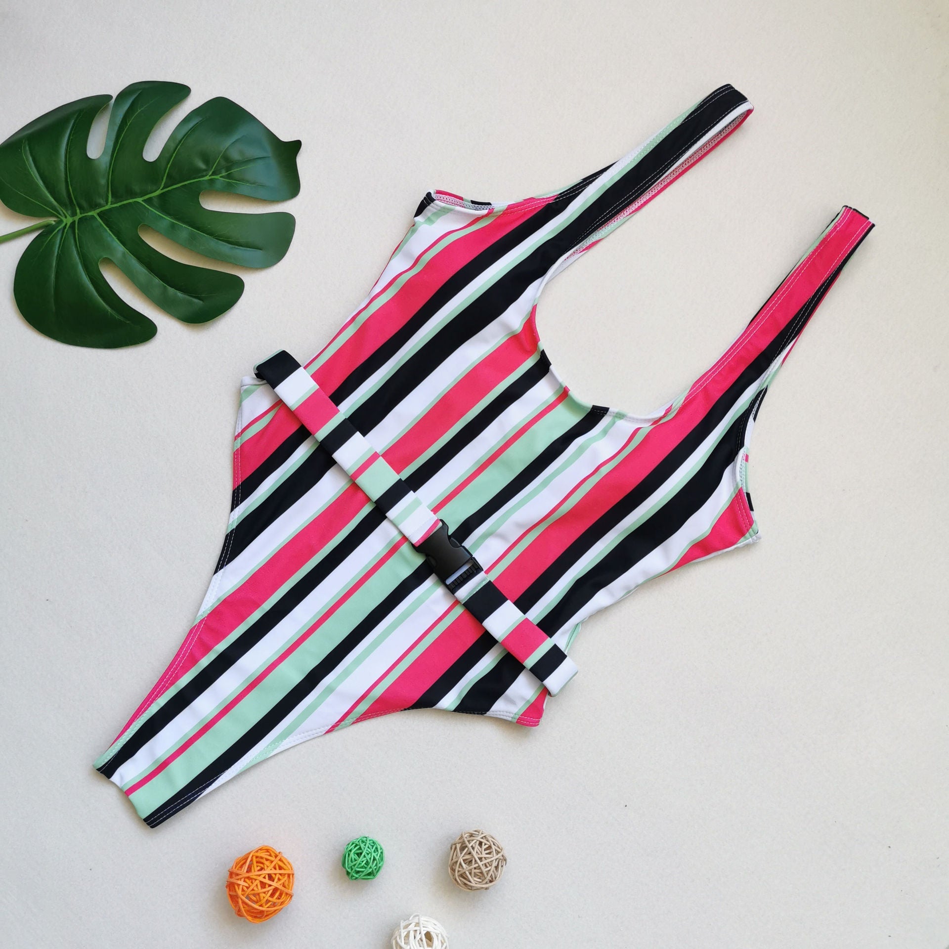 Rainbow Striped Printed One Piece Swimsuit Adjustable Buckle Swimsuit Women Sexy Bikini