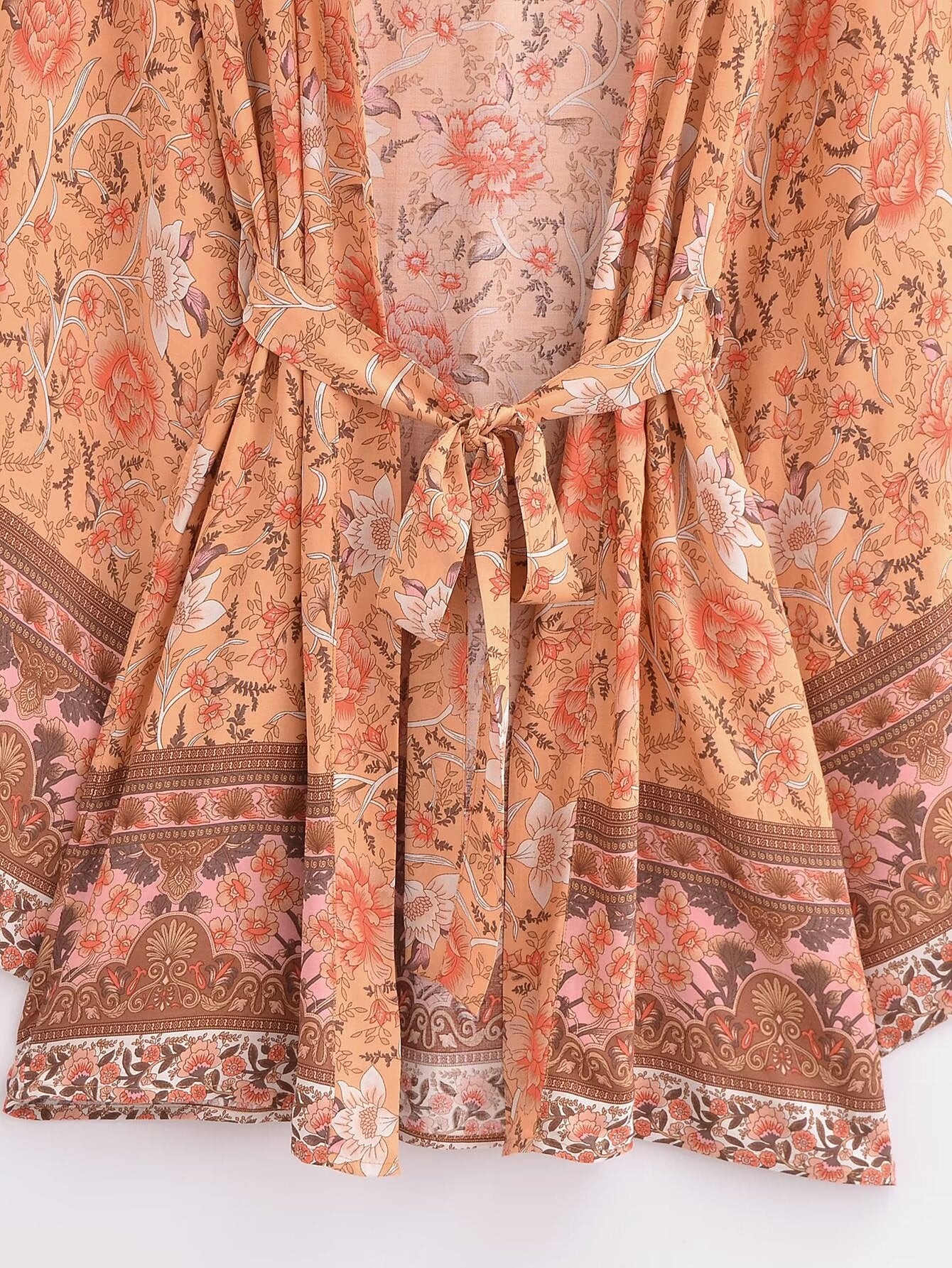 Rayon Printed Cardigan Loose Sleeves Short Lace Up Kimono