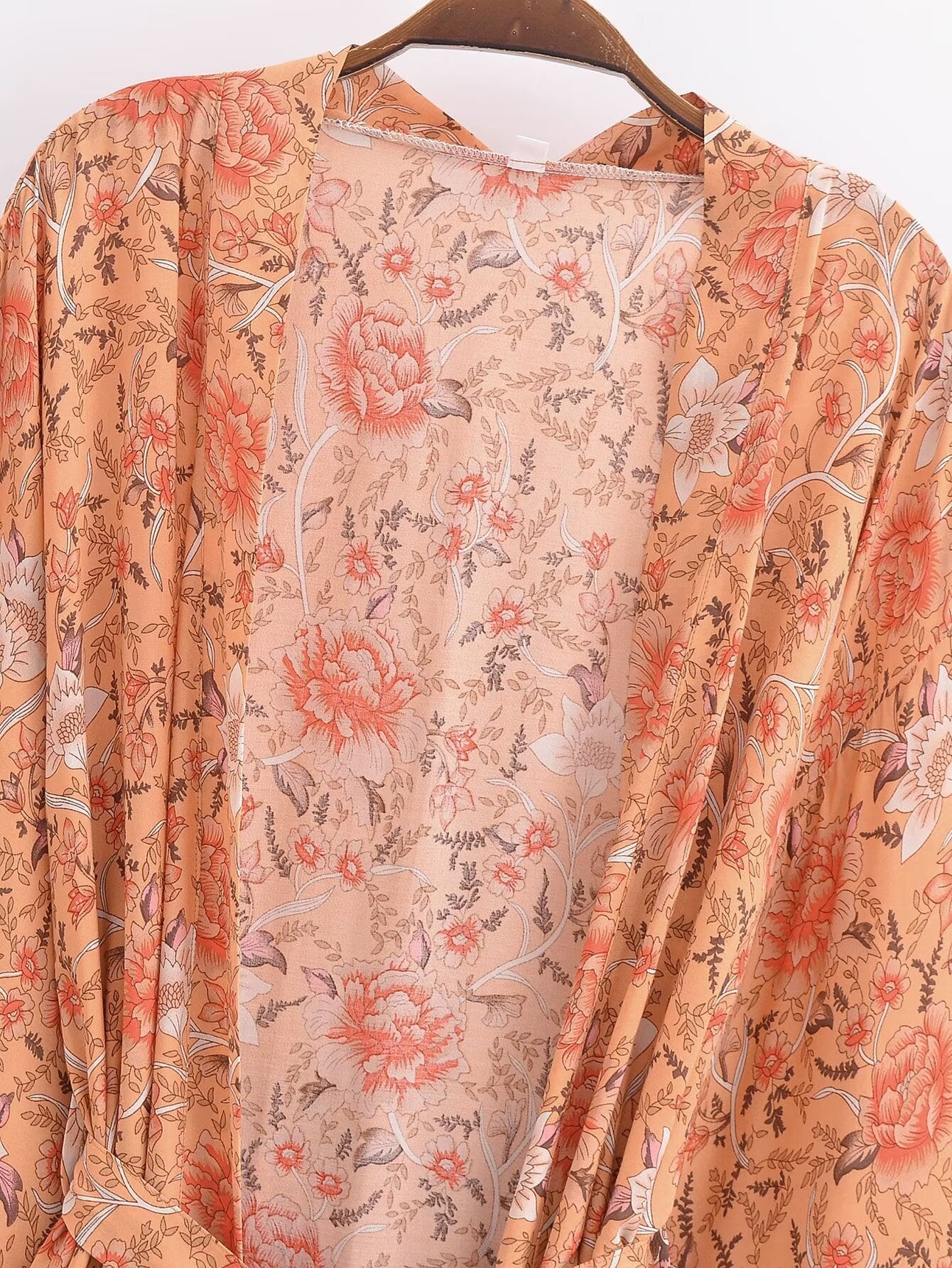 Rayon Printed Cardigan Loose Sleeves Short Lace Up Kimono