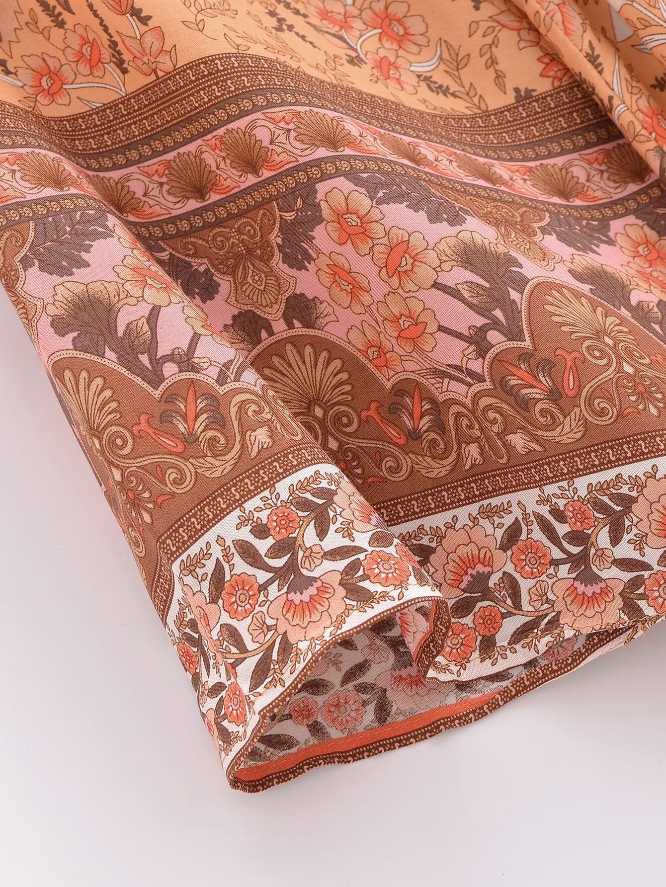 Rayon Printed Cardigan Loose Sleeves Short Lace Up Kimono