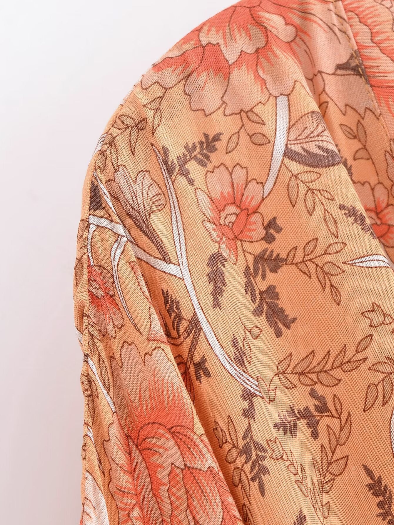 Rayon Printed Cardigan Loose Sleeves Short Lace Up Kimono