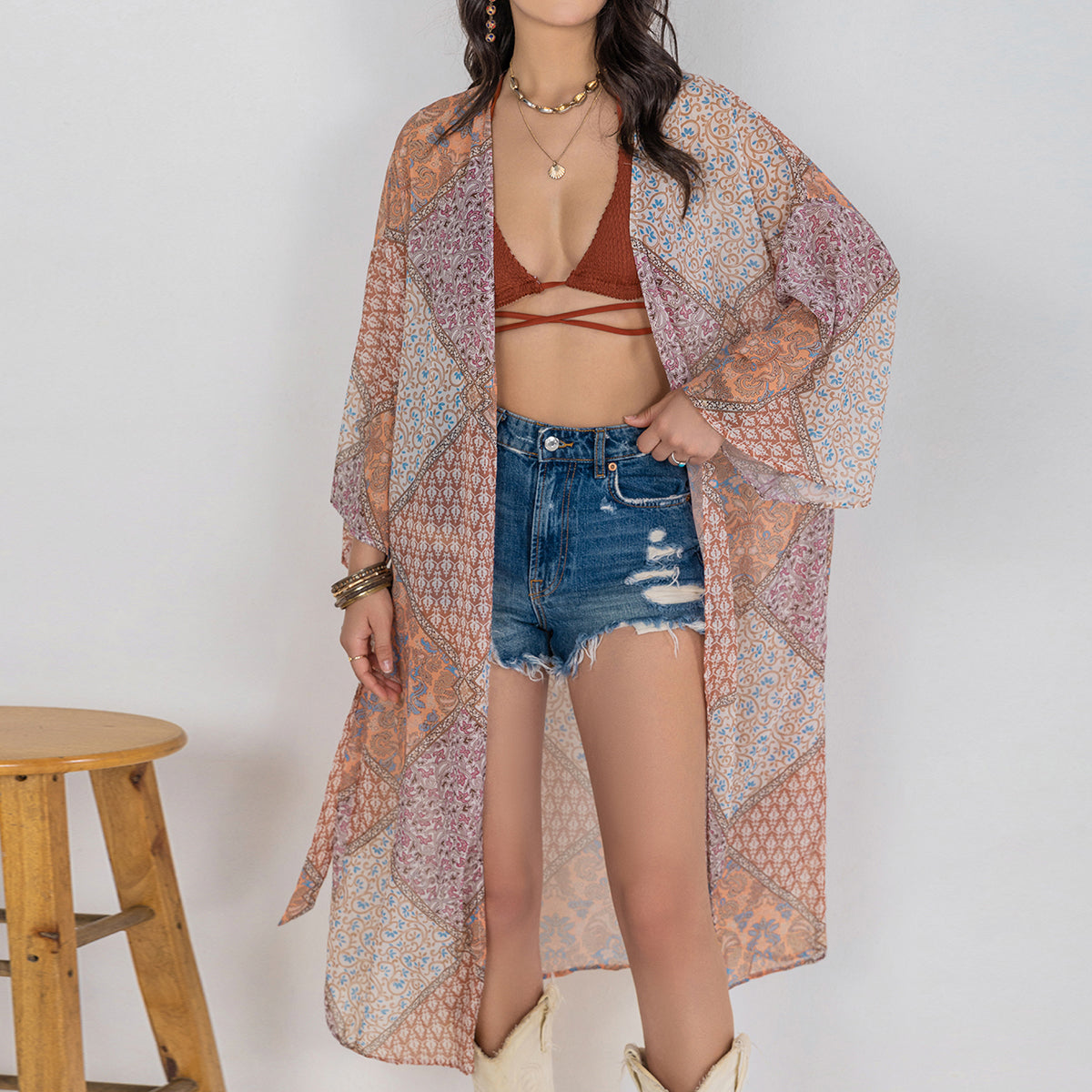 Women Bohemian Loose Casual Kimono Blouse