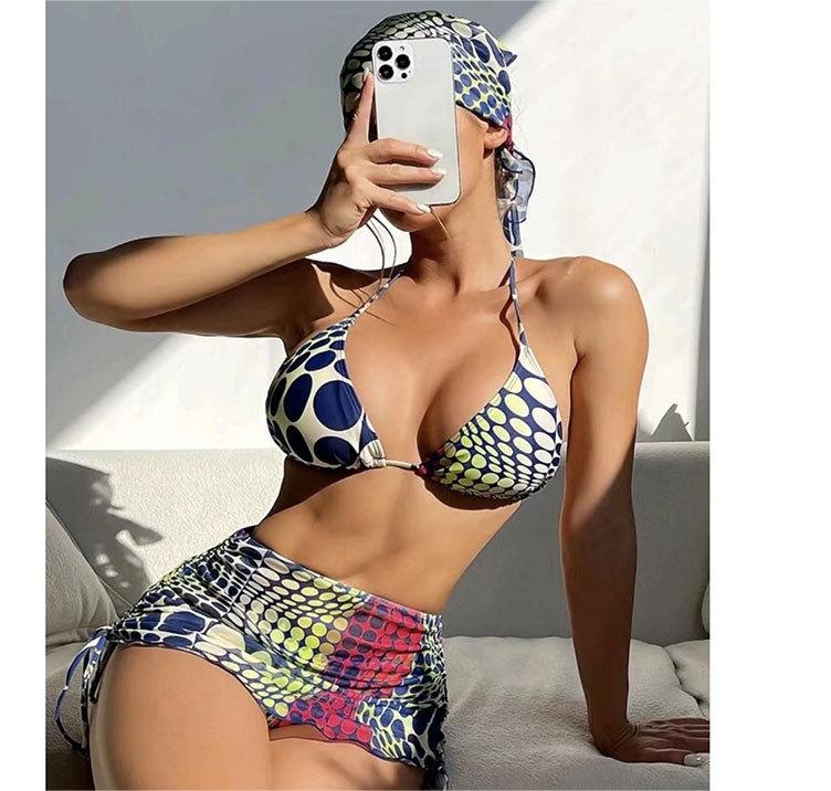 Printed Drawstring Lace Split Four Piece Swimsuit Women Sexy Triangle Bikini