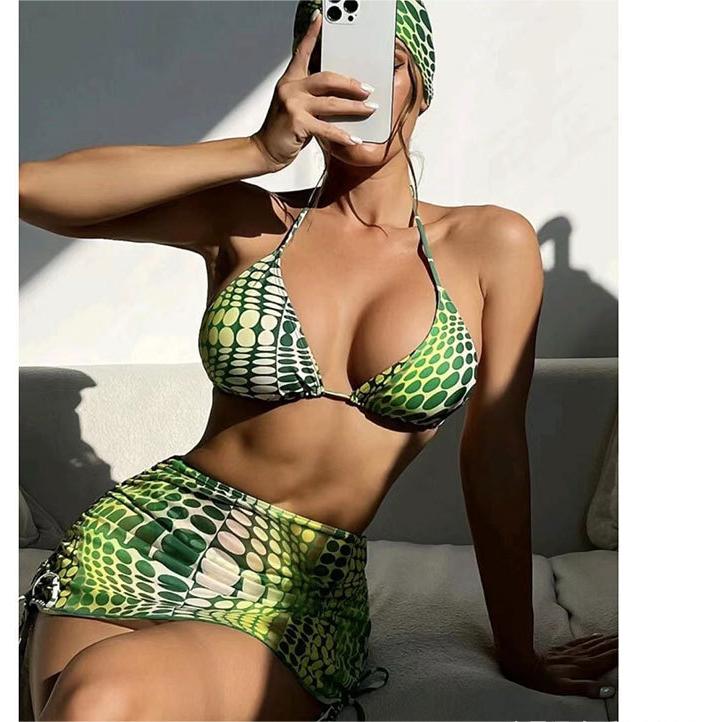 Printed Drawstring Lace Split Four Piece Swimsuit Women Sexy Triangle Bikini