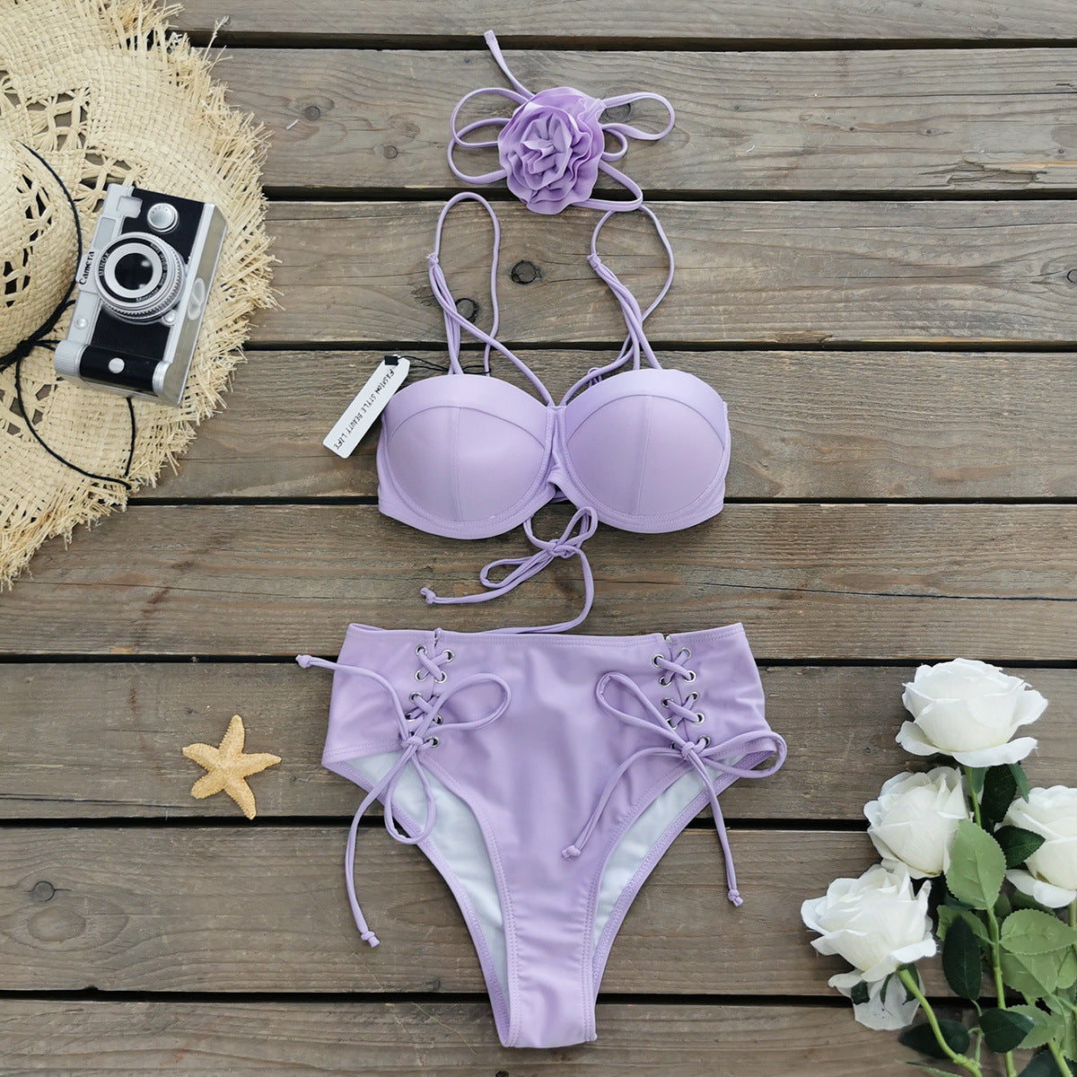 Solid Color Lace up Tube Top High Waist Bikini Skirt Three Piece Set Split Swimsuit for Women