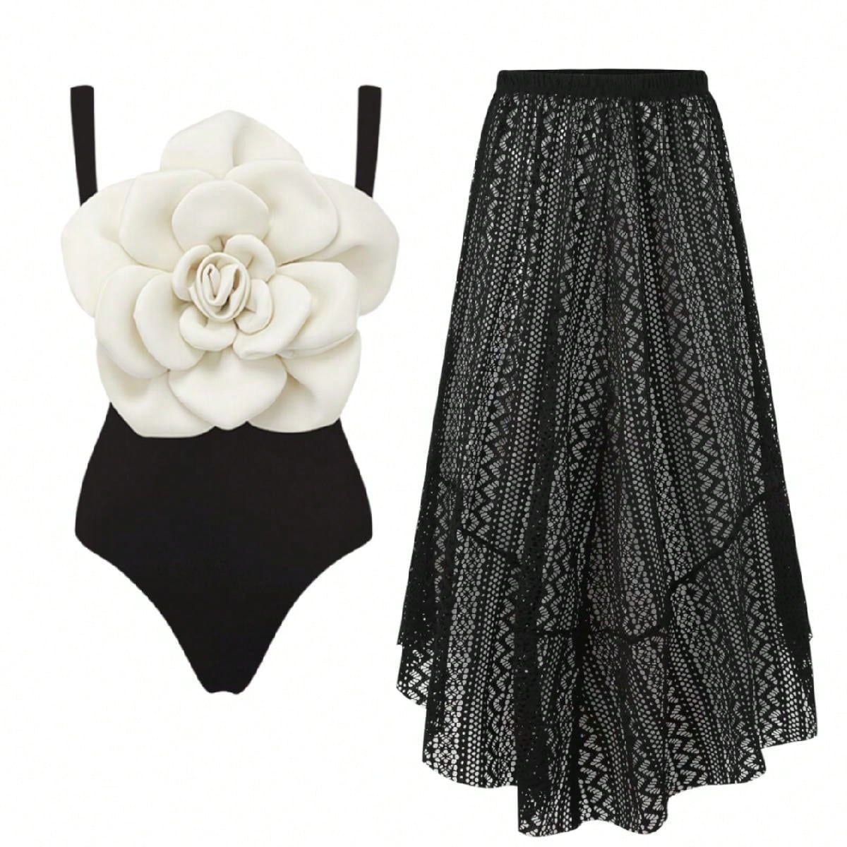 Bikinx Contrast Color Flower Decor Sexy One Piece Swimsuit And Skirt Cover Up