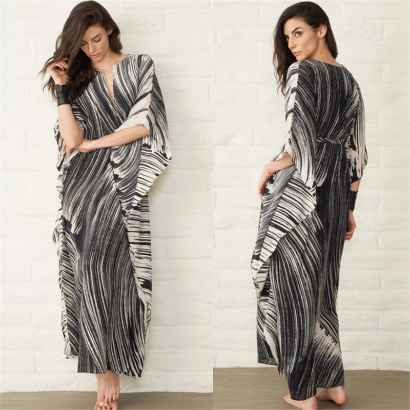 Black Line Printing Beach Cover-up Loose Maxi Dress Bikini Cover