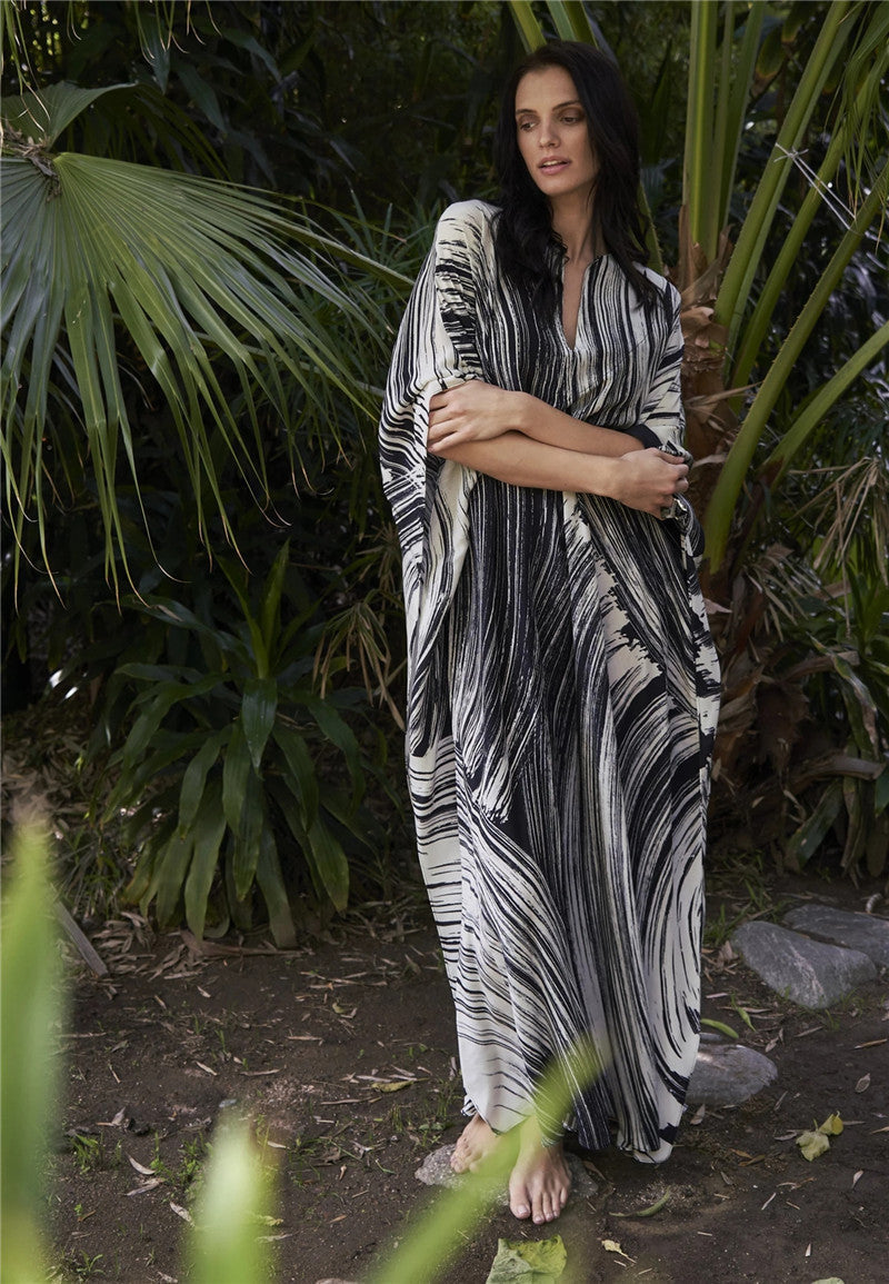 Black Line Printing Beach Cover-up Loose Maxi Dress Bikini Cover