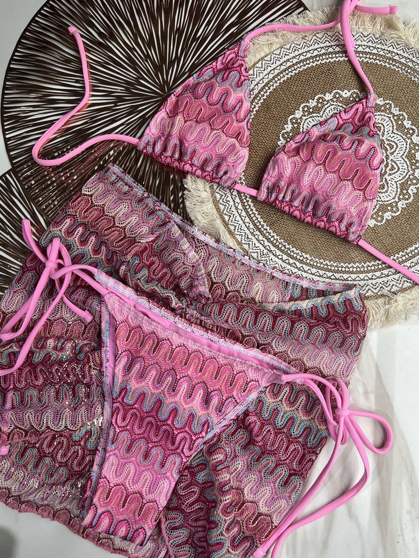 Bikinx Women Summer Beach Wave Pattern Halter Strap Sexy Bikini Set With Cover Up Skirt