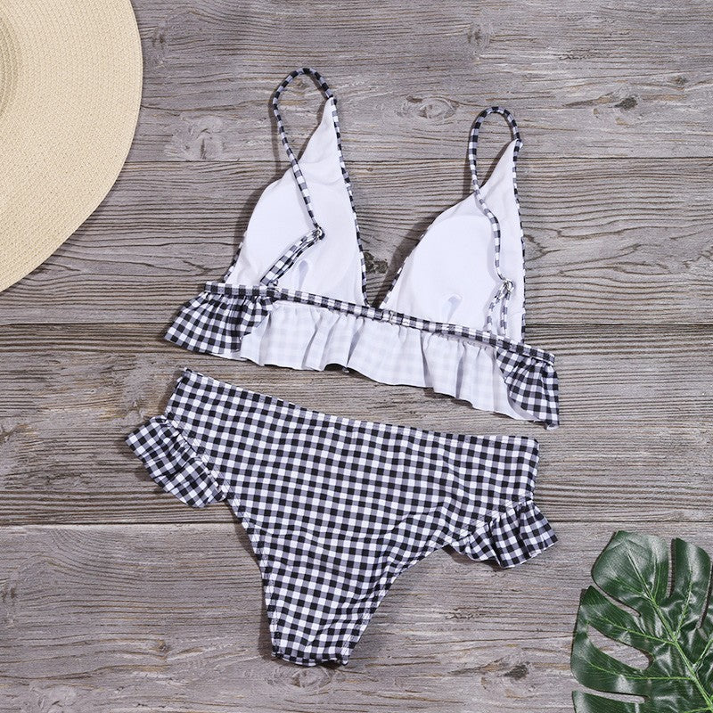 Plaid Bikini Ruffle Swimwear Push up Split Swimsuit
