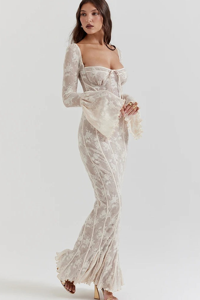 Sexy Square Collar Long Sleeve Maxi Dress