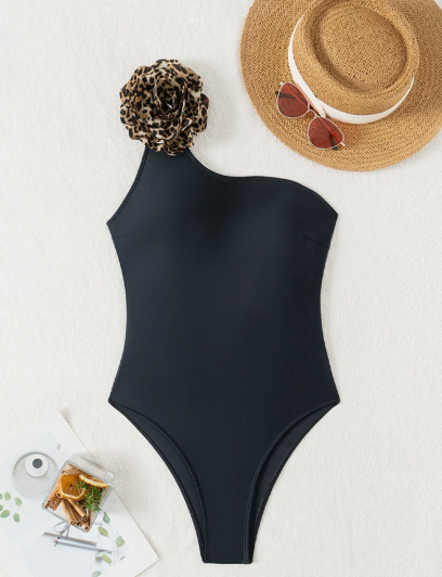 OnePiece Swimsuit Women One Shoulder Leopard Figure Solid Color Tight One Piece Swimsuit