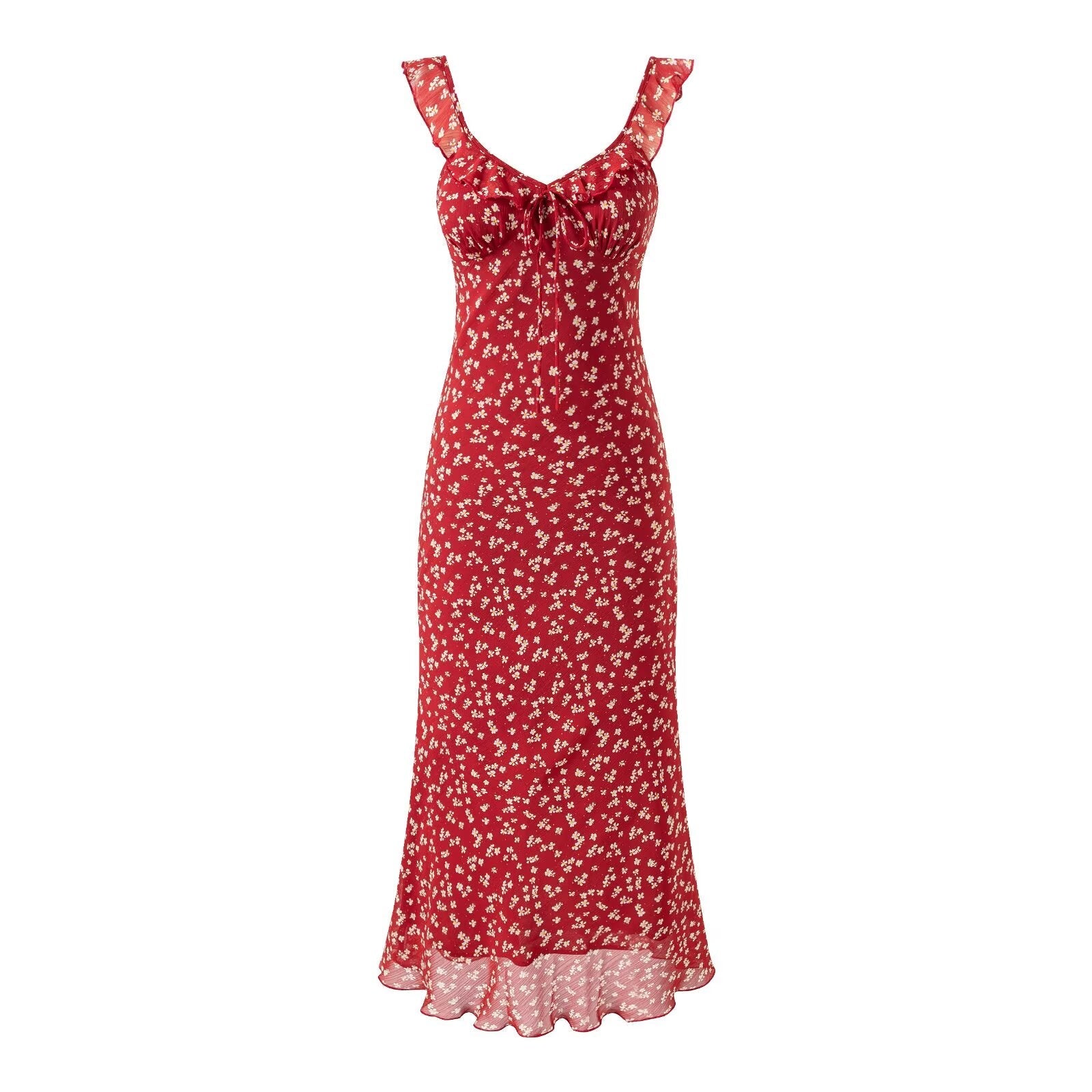 Red Small Floral Sling Dress Women Summer Tight Waist A line Slimming Backless Holiday Maxi Dress