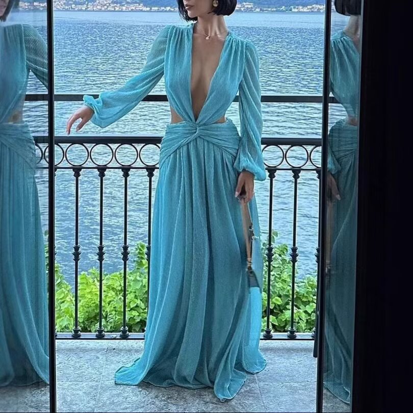 Beach Vacation Sexy Dress Women Summer Cropped Outfit Solid Color Seaside Atmosphere Maxi Dress