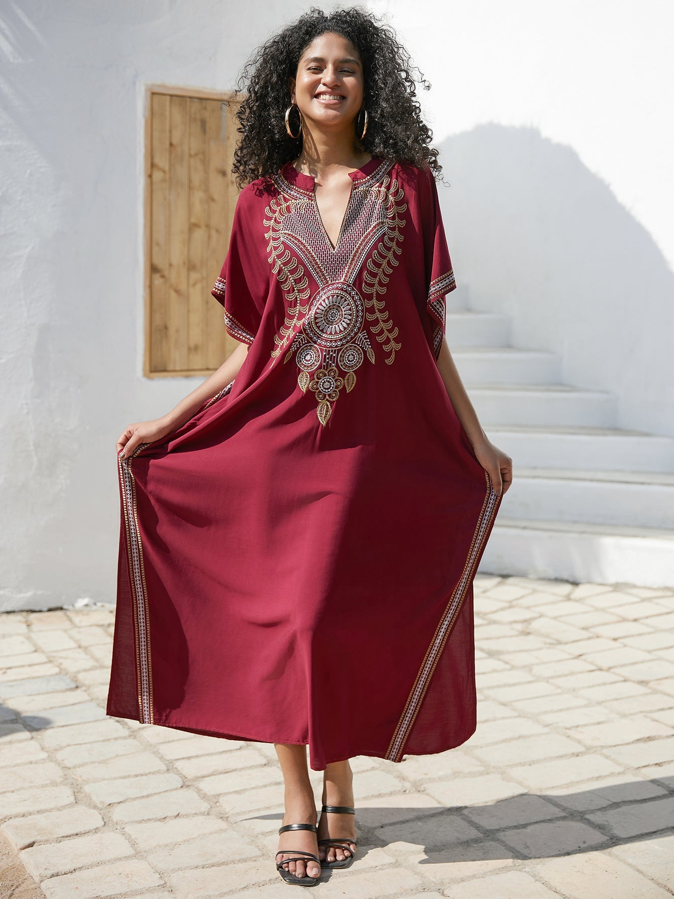 Rayon Embroidered Robe Women Embroidered Vacation Loose Beach Jacket Maxi Dress Beach Cover Up