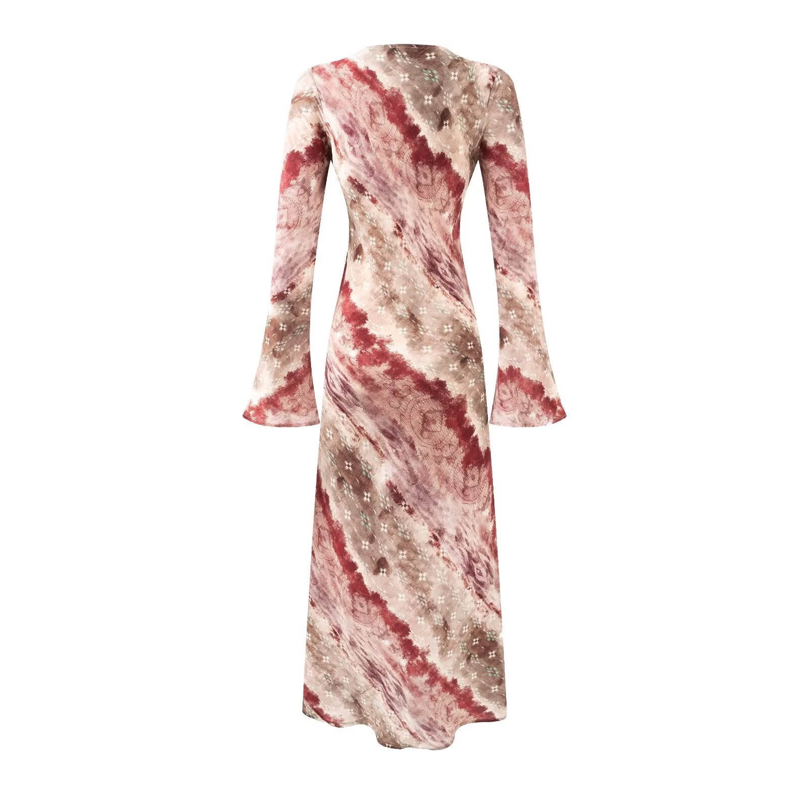 Vintage Printed Chic Flared Long Sleeve Vacation Dress round Neck Maxi Dress