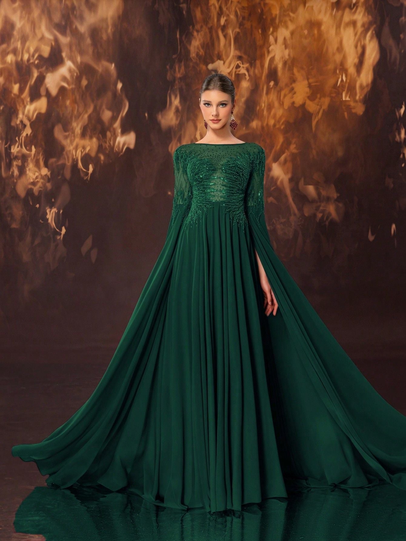Women Heavy Industry Cocktail Evening Dress round Neck Bead Super Long Sleeve High End Elegant Evening Maxi Dress