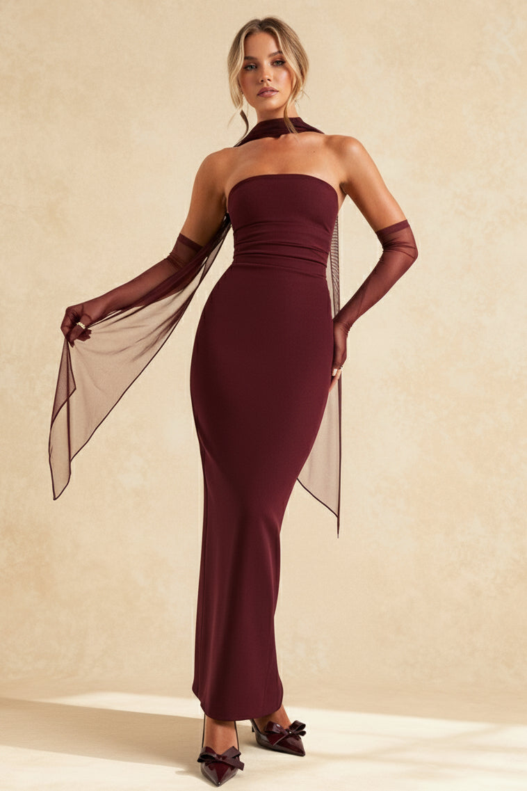 Hudson Maxi Dress With Stole And Gloves - Maroon