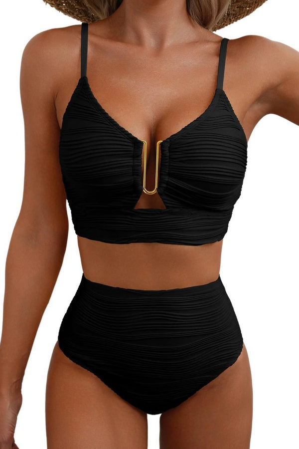 Solid Color V-neck Hollowed-out Pleated High Waist Stretch Two-Piece Bikini Swimsuit