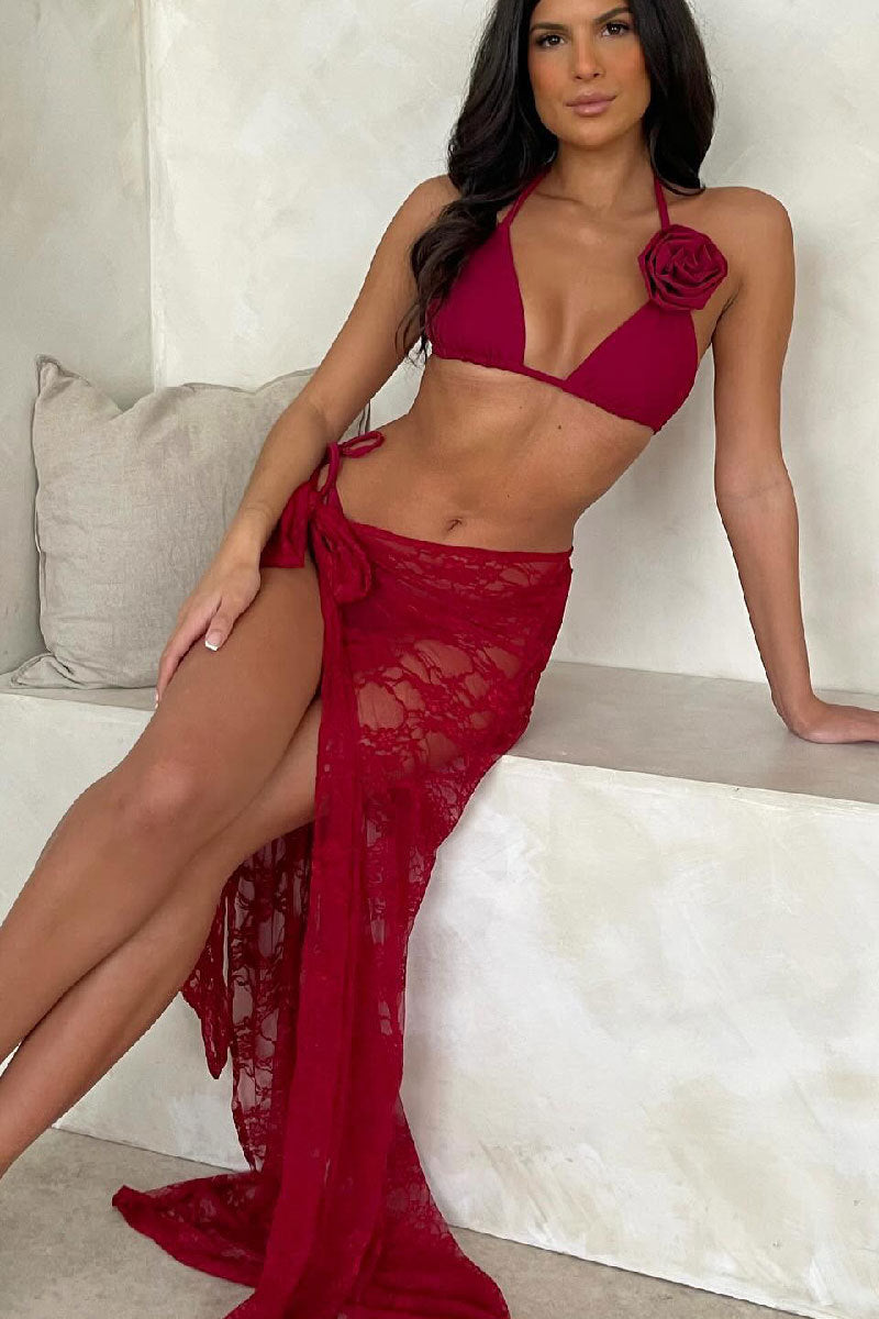 Solid String Bikini Three Piece Swim Set