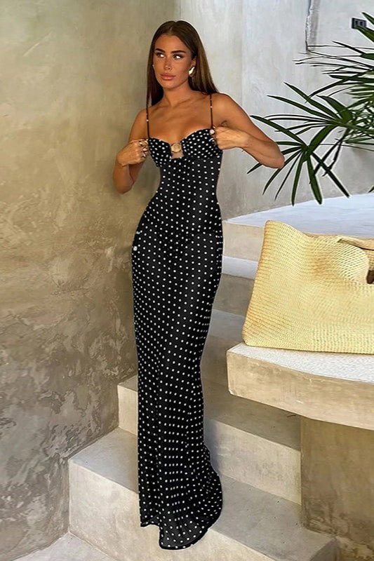 Polka Dot Lace Cami Backless Maxi Dress
