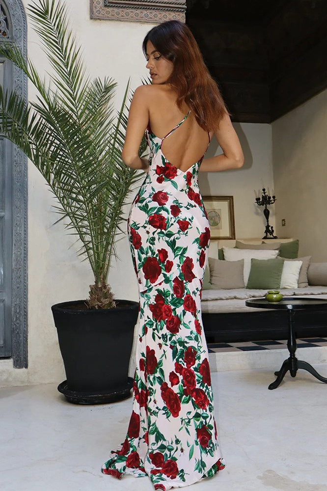 Floral Deep V Backless Maxi Dress