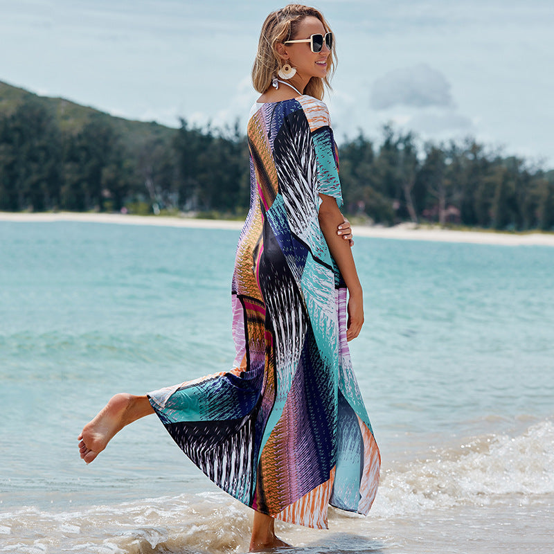 Colorful Floral Block Positioning Floral Robe Loose Maxi Dress Bikini Cover up Sun Protection Shirt Beach Vacation Dress
