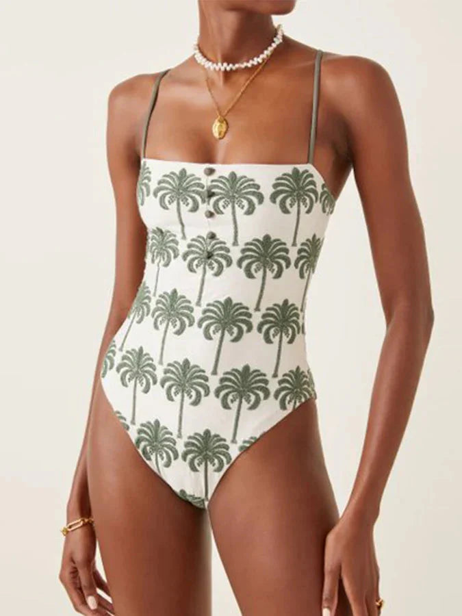 Green Coconut Print High Waist Bikini One Piece