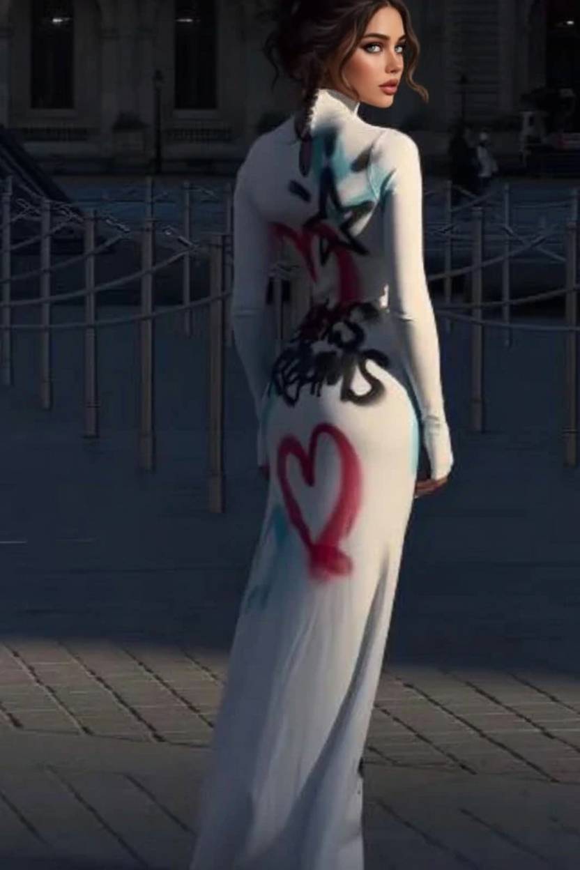 Sexy High Neck Graffiti Color Block Bodycon Maxi Dress