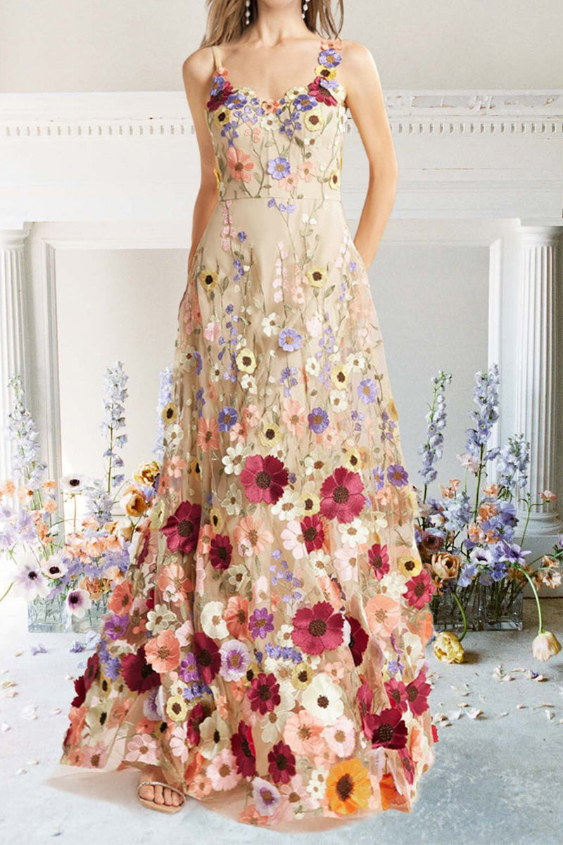 3D Floral Embellished Maxi Dress Suspender Skirt