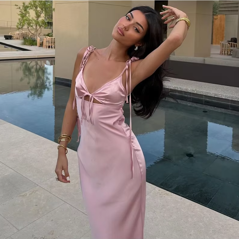 Elegant Satin Maxi Dress for Women, Sexy Party Dress fg7088