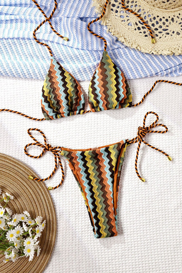 Colorful Crochet Texture Lace-up Two-Piece Elastic Bikini Swimsuit