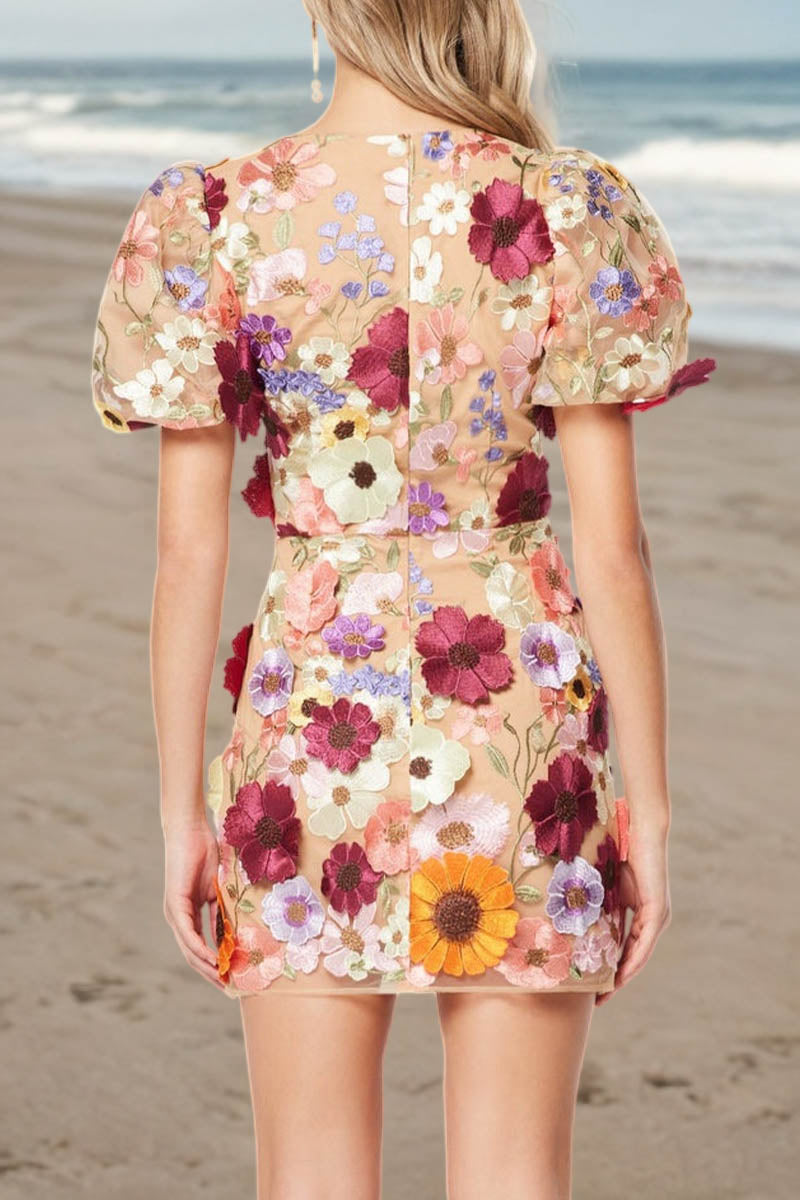 3D Lace Flower V-neck Puff Sleeve Mini Dress