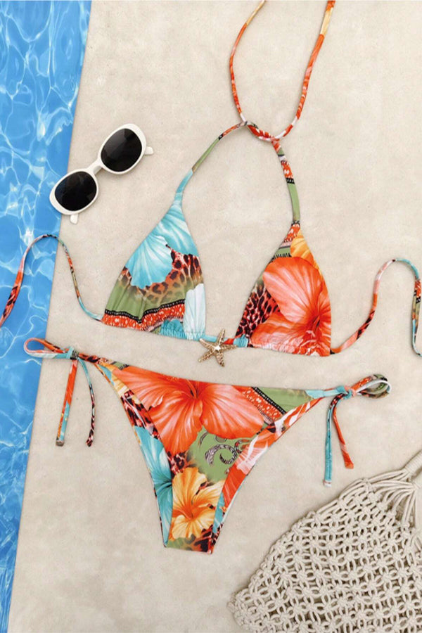 Floral Print Sexy Lace-Up Stretch Two-Piece Bikini Swimsuit