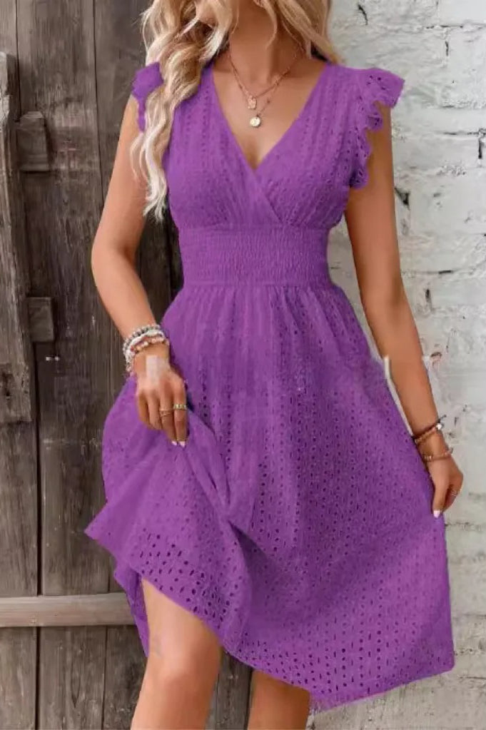 V-Neck Lace Waist Mini Dress