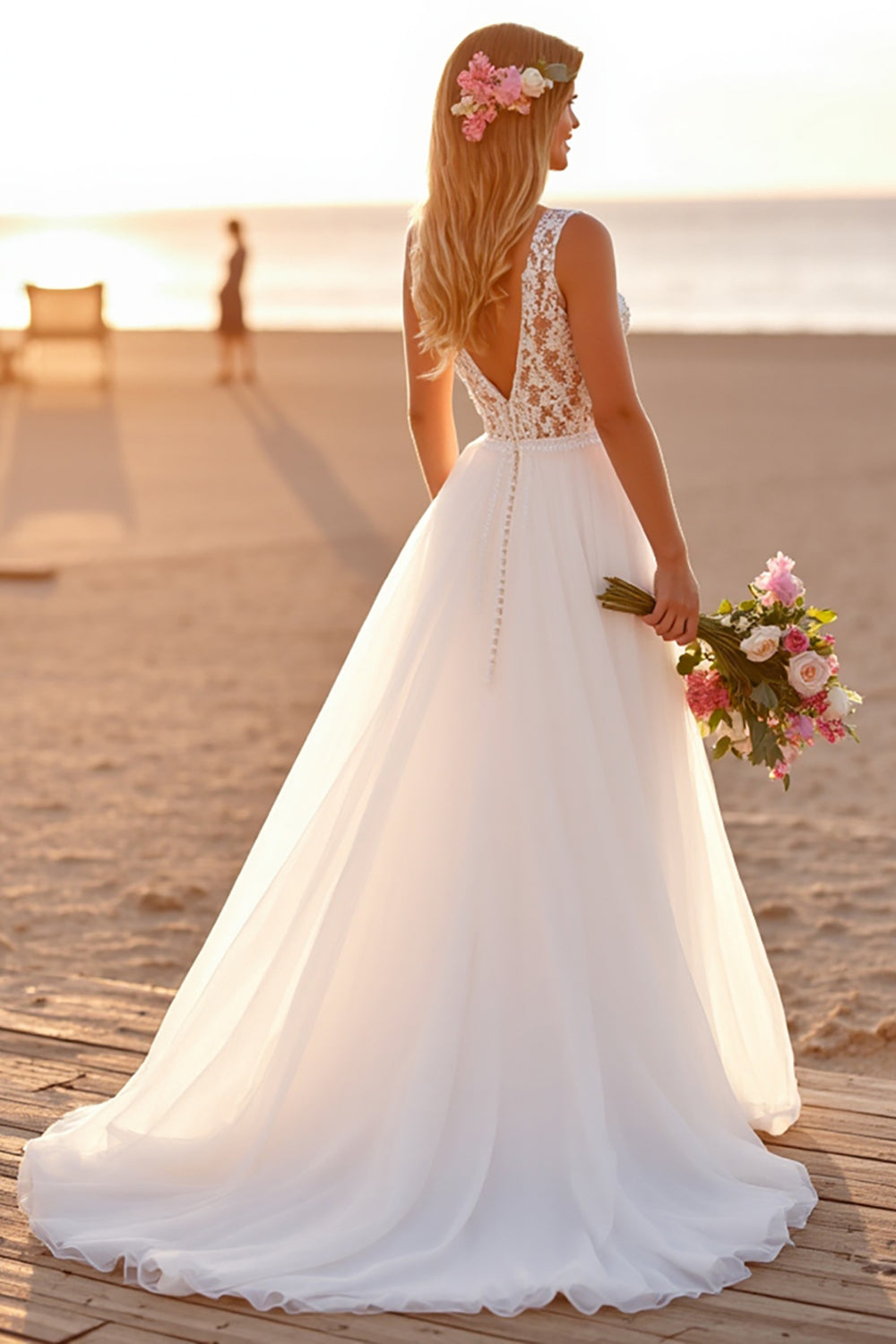 White V-Neck Sleeveless A Line Boho Sweep Train Wedding Dress with Lace